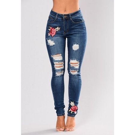 Flower Embroidered Ripped Jeans for Women Sexy Casual Big Stretch Skinny Jeans Denim Pants