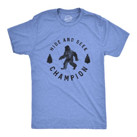 Mens Hide And Seek Champion T shirt Funny Bigfoot Tee Humor Cool Graphic Print