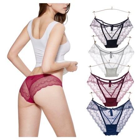 Sexy High Cut Underwear for Women Peacock Pattern Transparent Soft Lace Briefs Lingerie (Black Purple Red White, Pack of 4)
