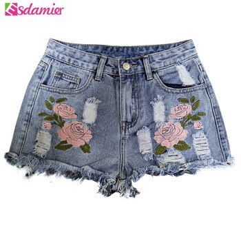 Fashion Embroidery Ripped Denim Shorts Floral High Waist Jeans Short Femme Frayed Hole Shorts For Women Plus Size Summer Shorts