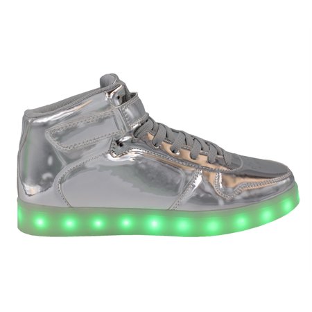 LED Light Up Sneakers Kids High Top USB Charging Boys Girls Unisex Strap Lace Up Shoes Silver