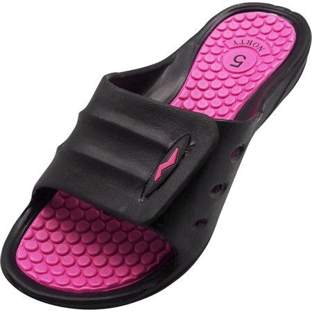 Norty Womens Summer Comfort Casual Slide Flat Strap Shower Sandals Slip On Shoes, 40330 Black-Fuchsia / 5B(M)US