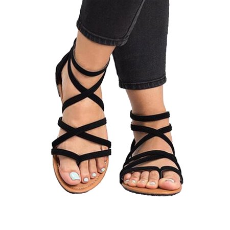Women Gladiator Flat Sandals Casual Summer Beach Y-strap Lace Up Ankle Shoe Size