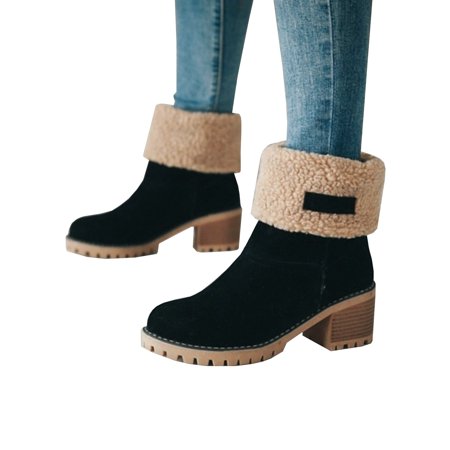 Womens Snow Booties Warm Winter Faux Fur Suede Shoes Square Heels Ankle Boots