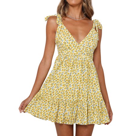 Women V Neck Floral Printed Slings Lace-up Rushing Mini Dress