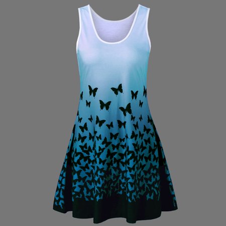 Womens Butterfly Printing Sleeveless Party Dress Vintage Casual Dress GN/L