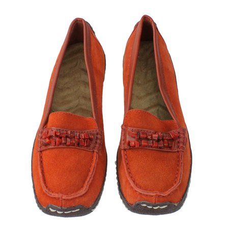 Women's Orange Suede Cushion Wedge Shoes with Stone Strap Accent - Size 6