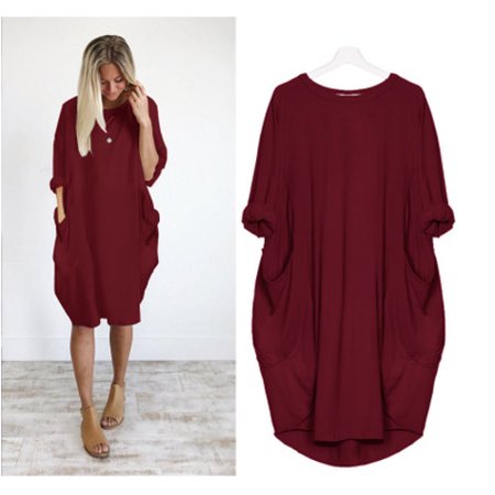 Womens Solid Color Fashion Pocket Loose Crew Neck Casual Dresses