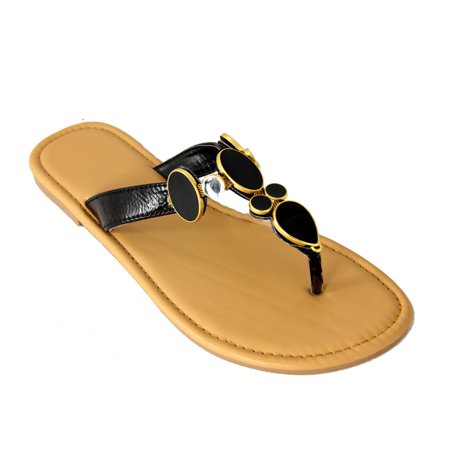 Women's Stylish Black Gem and Rhinestone Flip-Flop Thong Shoes - Size 5-6