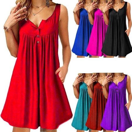 Womens Summer Casual Beach Wear Sleeveless Dresses with Pockets Off Shoulder Loose V Neck Tank Tops Dress