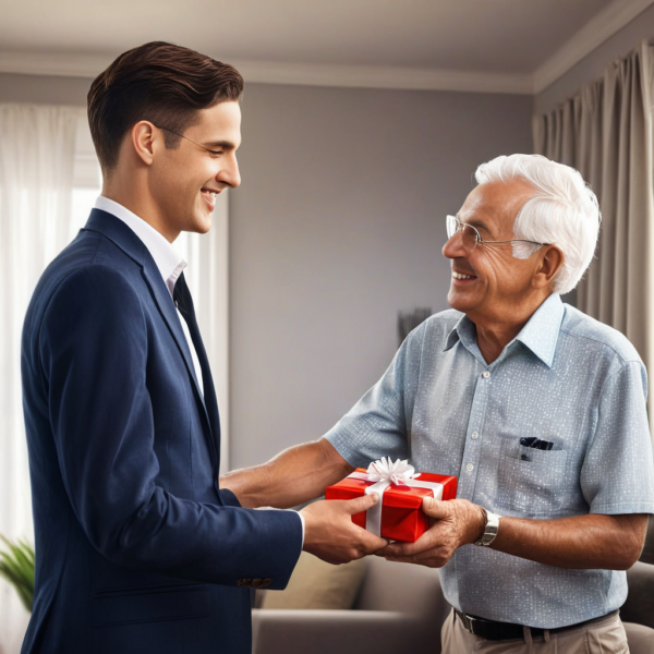 a man holding a gift box and smiling at another man