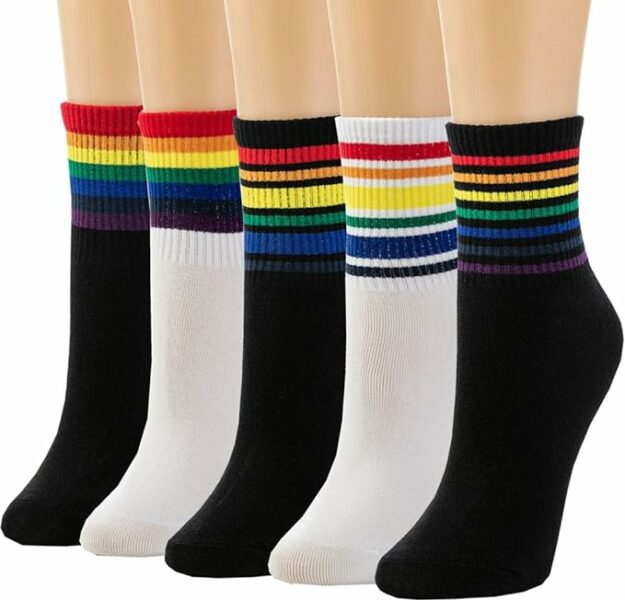 a row of socks with rainbow stripes
