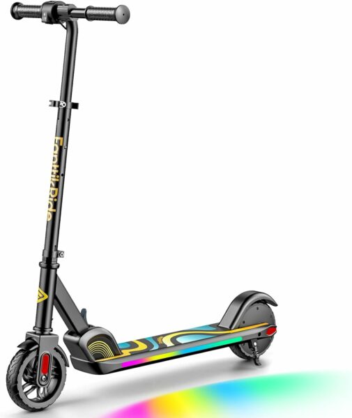a black scooter with a rainbow colored handle