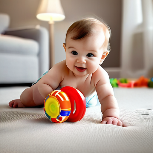 a baby lying on the floor with a toy