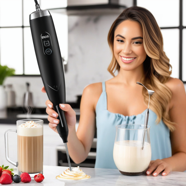 a woman holding a blender