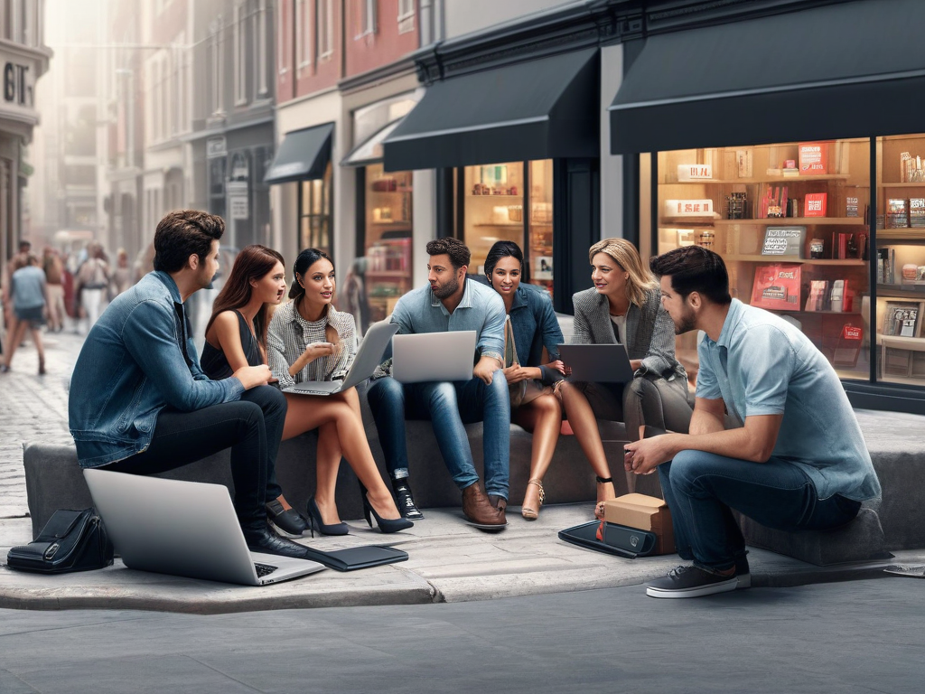 a group of people sitting outside a store