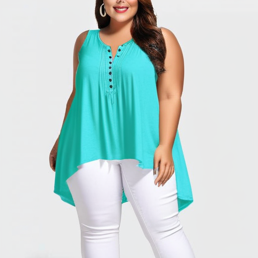 a woman in a turquoise top and white pants