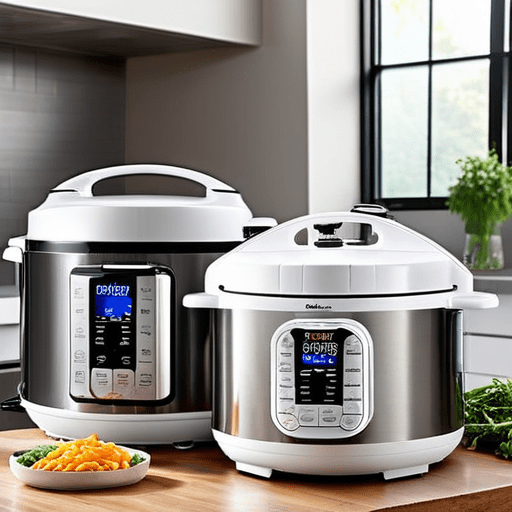 two large pressure cookers on a counter