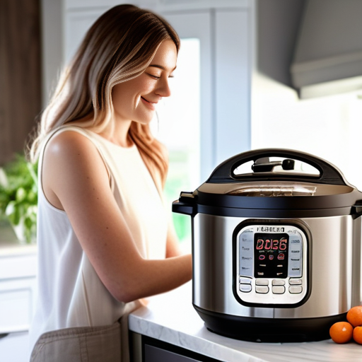 a woman looking at a pressure cooker