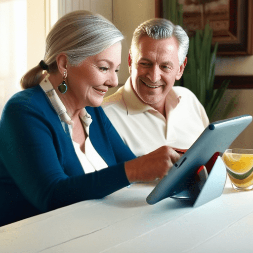 a man and woman looking at a tablet