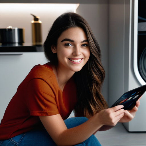 a woman sitting on the floor holding a tablet