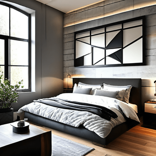 a bedroom with a bed and a mirror above it