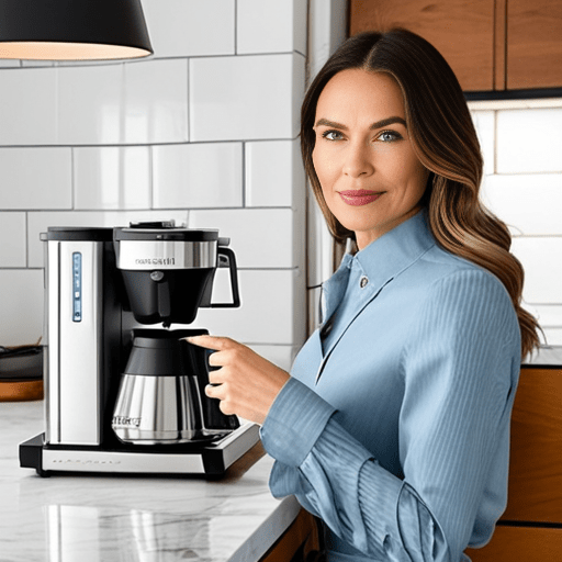 a woman standing next to a coffee maker