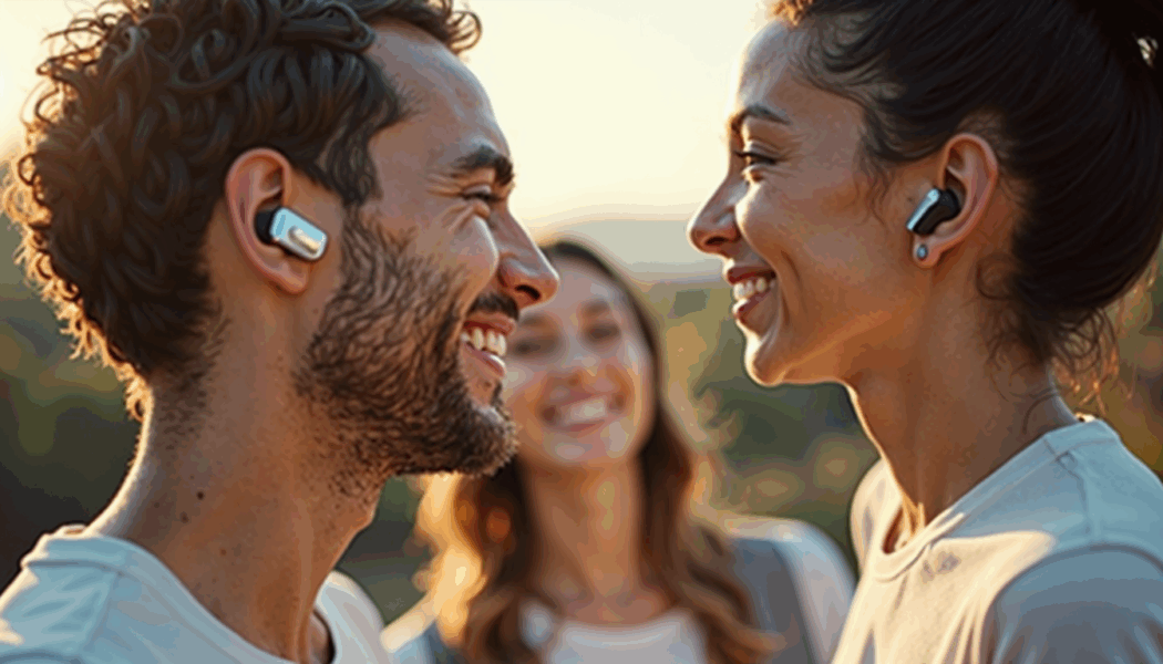 a man and woman looking at each other. They both are wearing wireless earbuds