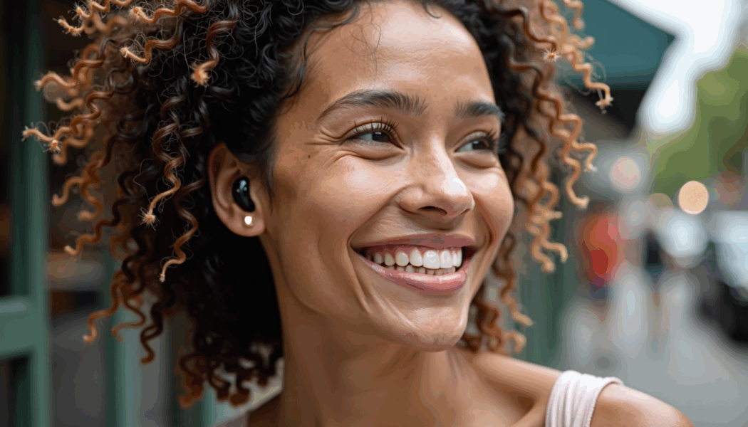 a woman smiling with curly hair wearing earbuds