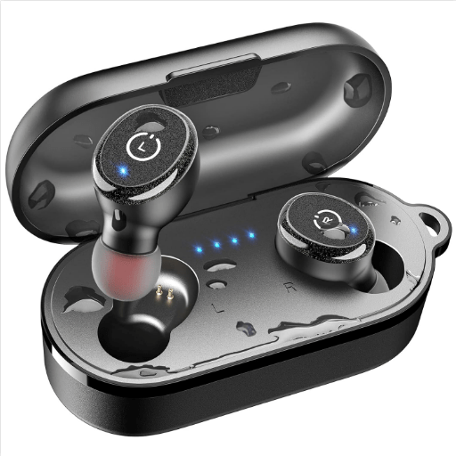 a black wireless earbuds with a screen showing the power of charging