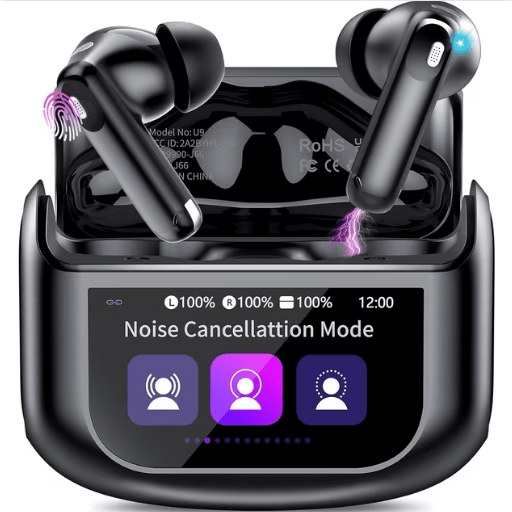 a black wireless earbuds in a case