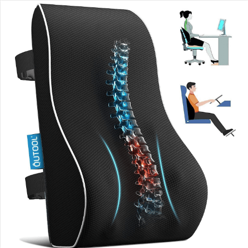 a black pillow with a back and neck pillow with a woman working on a computer