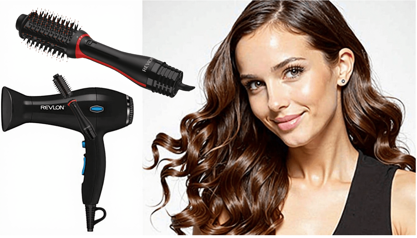 a woman with long brown hair and a blow dryer
