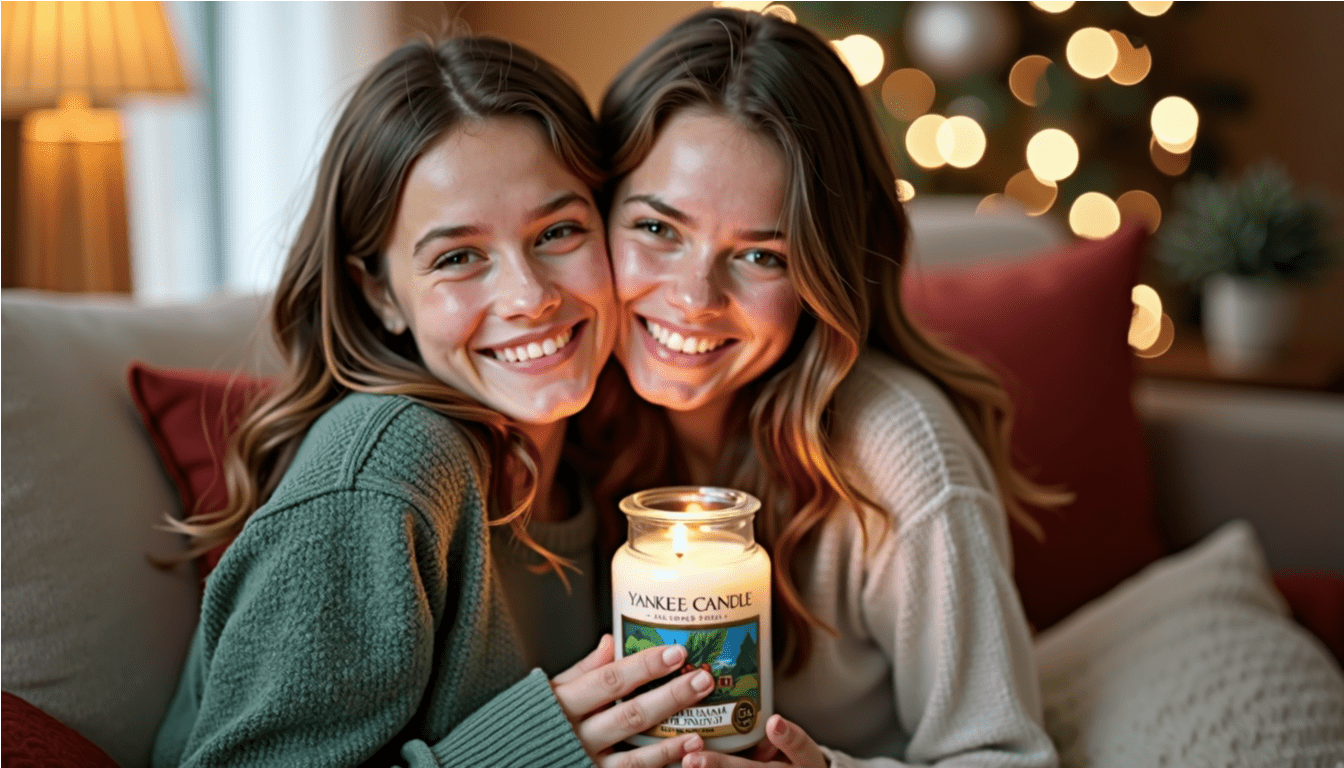two women hugging each other display a lighted candle in a glass jar 