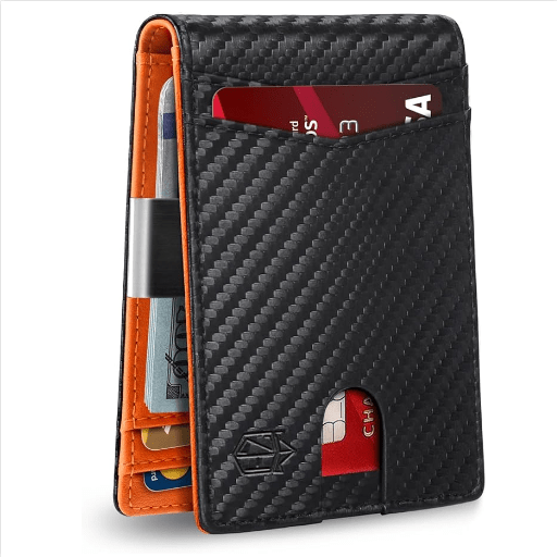 a black wallet with credit cards and money inside