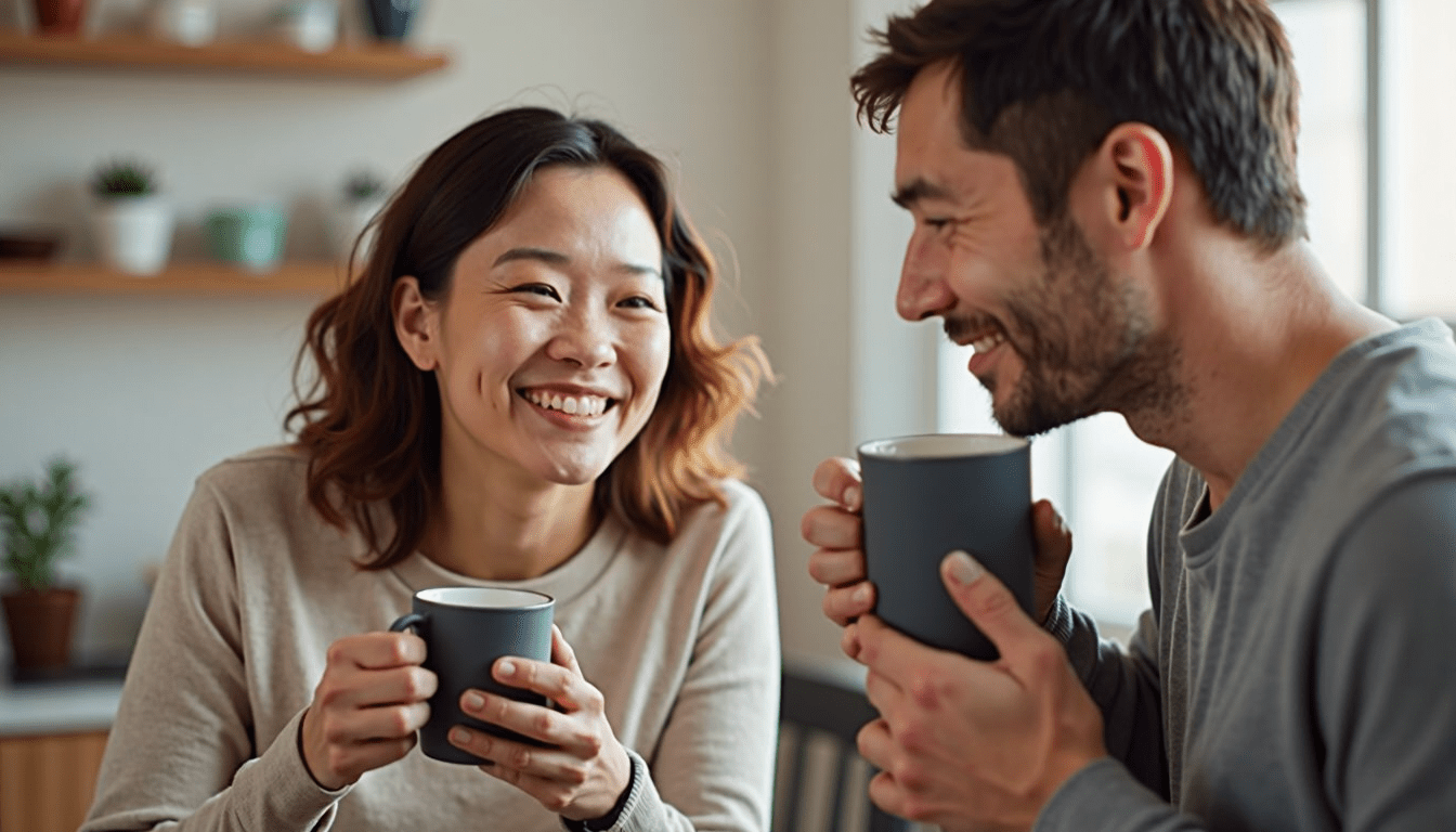 a man and woman holding mugs