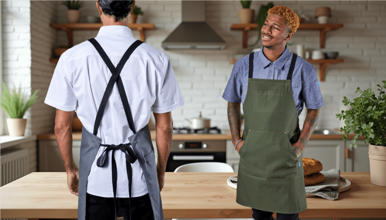 two men wearing aprons in a kitchen
