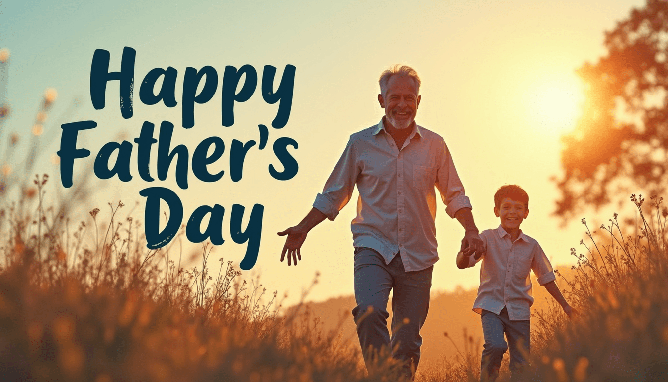 a man and boy holding hands and walking in a field