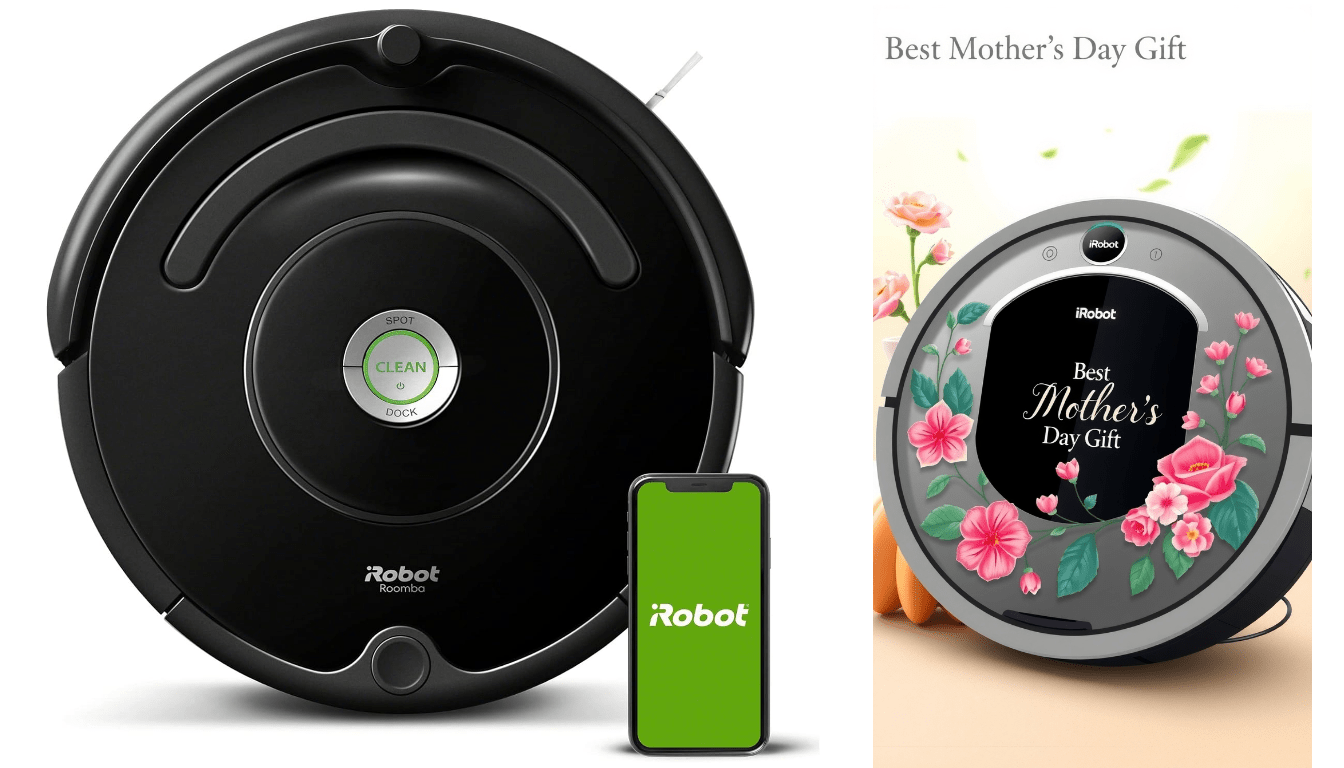 a robot vacuum cleaner and a phone